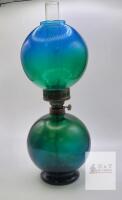 Blue-Green Gradient Glass Parlor Oil Lamp, 12 in Tall, Globe Shade, Metal Burner, Vintage Style