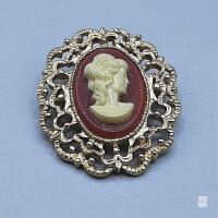Vintage Cameo Brooch with Gold-Tone Filigree Frame, Woman's Profile
