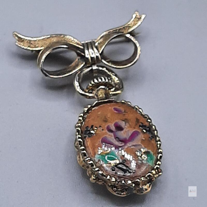 Vintage Bow Brooch with Hand-Painted Floral Porcelain Cabochon, Gold-Tone, 1.8 inch