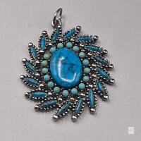Vintage Turquoise and Silver Pendant with "LIJG" Hallmark, Intricate Cluster Design