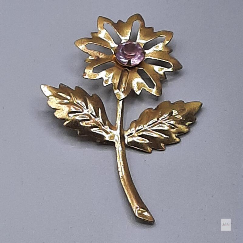 Gold-Tone Flower Brooch with Pink Rhinestone Center, Vintage Pin, Openwork Leaf Design- some tarnish