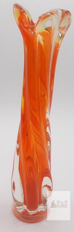 Hand-Blown Orange Art Glass Vase with Fluted Design, Mid-Century Modern Style