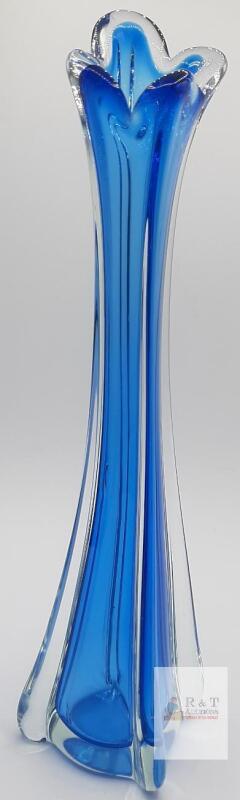 Hand-Blown Murano-Style Blue Art Glass Vase, Ruffled Rim, Cased Clear Overlay, 11.5"