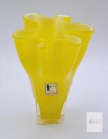 Murano Hand-Blown Yellow Art Glass Vase, Freeform Ruffled, Square Base- small chip