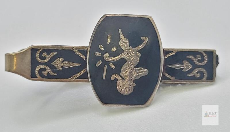 Siam Sterling Silver Tie Clip, Black Niello Enamel, Dancing Mekkala Motif, Alligator Clasp
