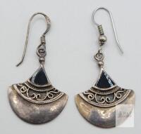 Sterling Silver Dangle Earrings Fan Shape with Black Onyx Accent, 1.5" Length, Marked 925