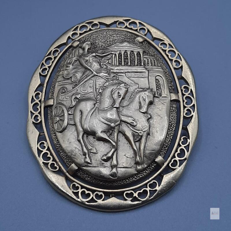 Vintage Silver Chariot Cameo Brooch, Classical Woman & Horse Relief, Ornate Heart Border