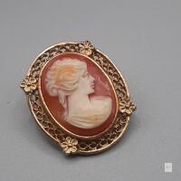 Vintage Shell Cameo Brooch, Gold-Tone Floral Frame, Classical Lady Portrait