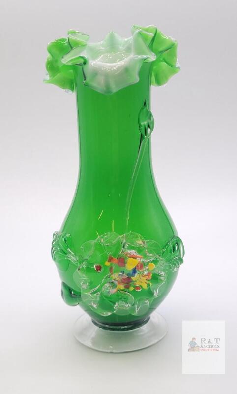 Vintage Hand-Blown Green Art Glass Vase with Ruffled Rim and Applied Floral Decoration