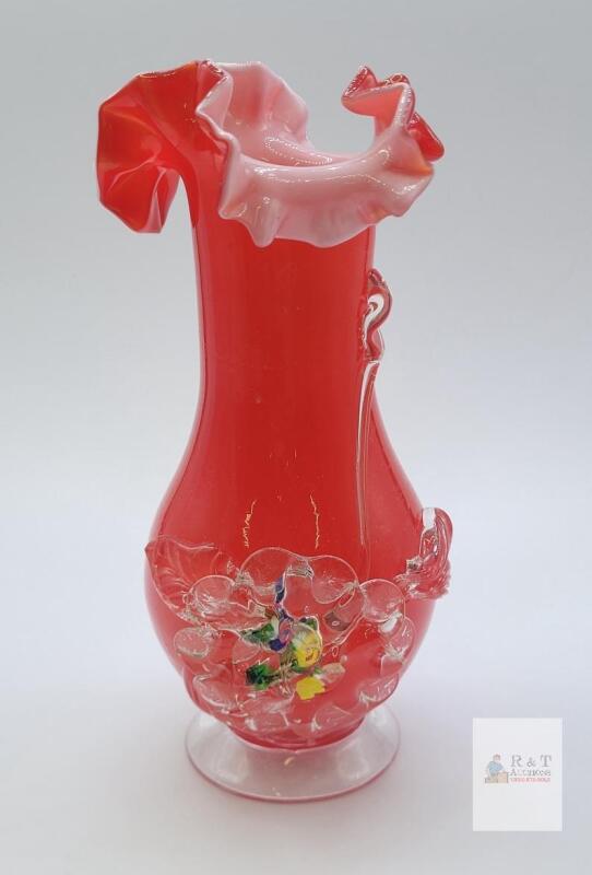 Mid-20th Century Murano-Style Hand-Blown Art Glass Vase with Ruffled Edge and Applied Floral Design