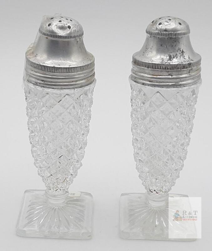 Pressed Glass Diamond Point Salt & Pepper Shakers Pair with Metal Lids, Circa 1920s-40s, 4" Tall