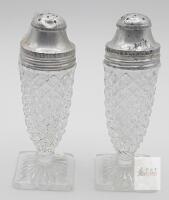 Pressed Glass Diamond Point Salt & Pepper Shakers Pair with Metal Lids, Circa 1920s-40s, 4" Tall
