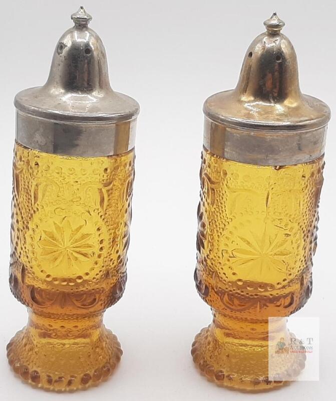 Amber Pressed Glass Salt & Pepper Shaker Set, Footed Base, Metal Lids, Starburst Pattern