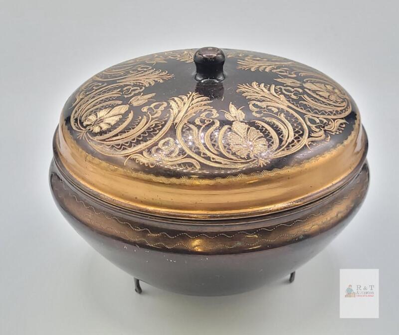 Decorative Engraved Lidded Brass Bowl with Floral Motif, Tripod Feet, 6" Diameter, Vintage