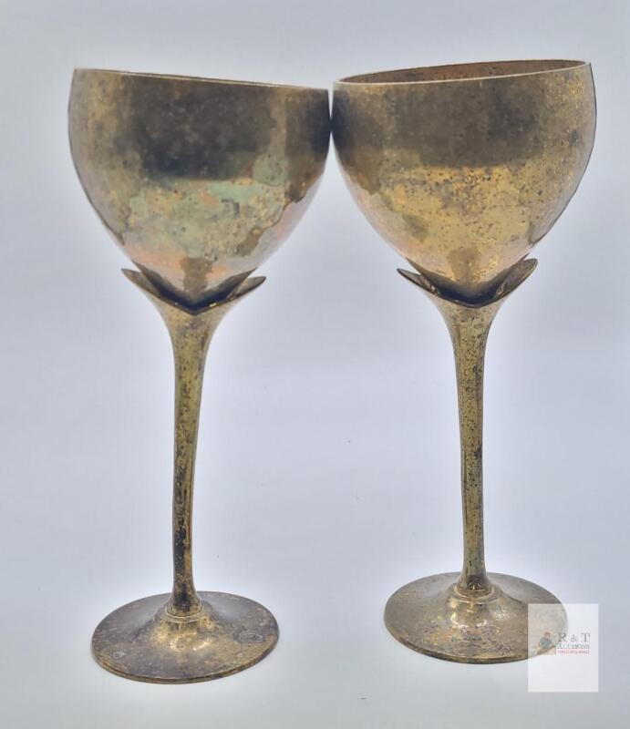 Vintage Solid Brass Wine Goblets, H Brand, India, Set of 2, Mid-Century Modern