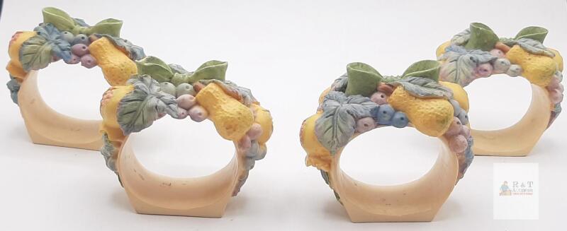 Hand-Painted Fruit Motif Resin Napkin Rings Set of 4,