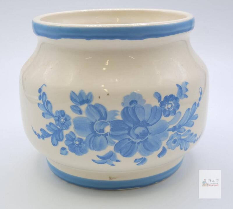 Vintage Ceramic Crock USA Marked Blue Floral Stoneware Pot Planter