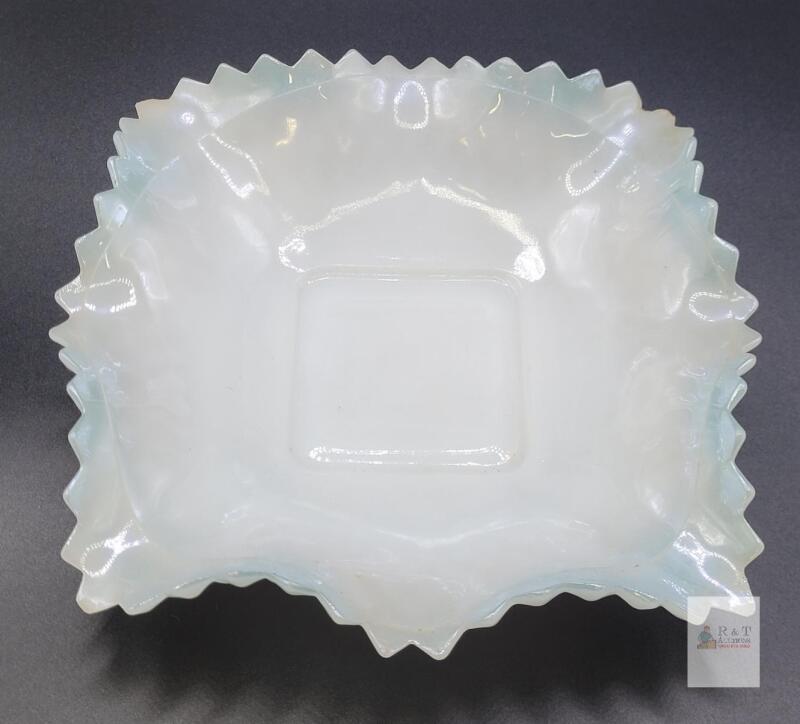 Vintage Fenton Hobnail Opalescent Milk Glass Square Bowl with Ruffled Edge