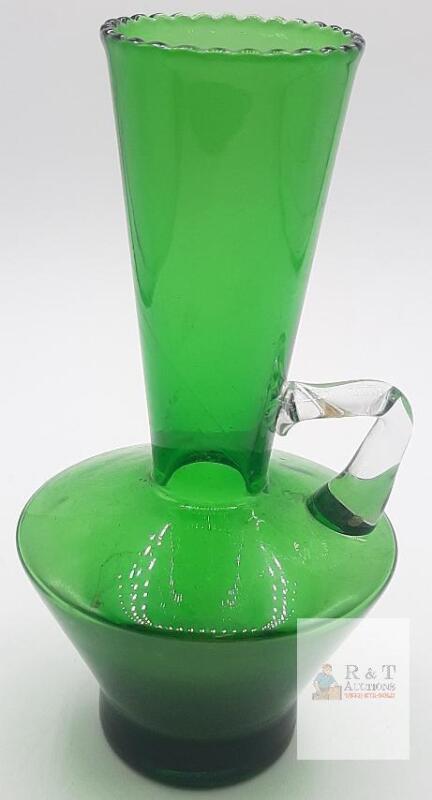 Hand-Blown Green Art Glass Pitcher/Vase, Scalloped Rim, Clear Handle, Mid-Century Modern Style