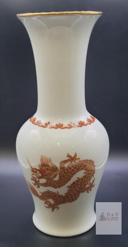 Schumann Bavaria Arzberg Germany Porcelain Vase, Red Dragon, Gold Rim,