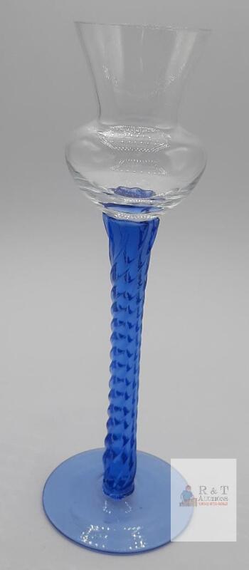 Hand-Blown Art Glass Goblet with Twisted Blue Stem and Clear Bowl