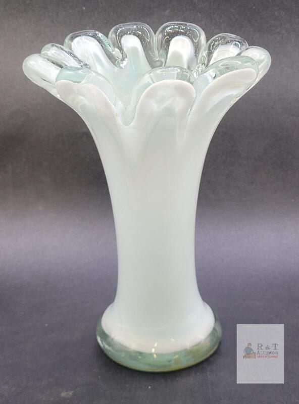 6.5" Opaline Hand-Blown Art Glass Vase with Ruffled Edge, White and Clear Crimped Rim