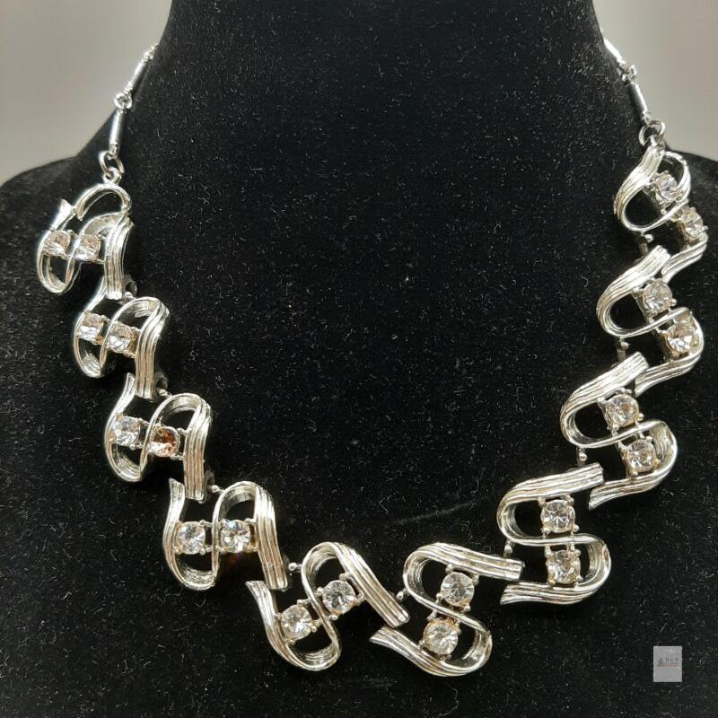 Vintage Coro Rhinestone Necklace, 16" Silvertone Metal, Hook Clasp, 1950s-1960s as is one stone missing