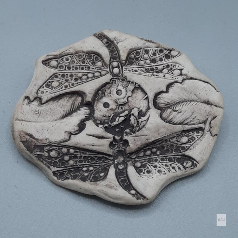 Handmade Ceramic Dragonfly Brooch with Steampunk Design, Signed "J. Juren"