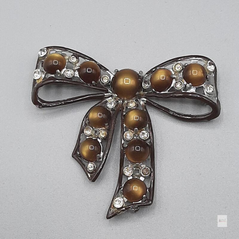 Vintage Bow Brooch, Brown Cat's Eye Glass Cabochons, Silvertone, Clear Rhinestone Accents, as is