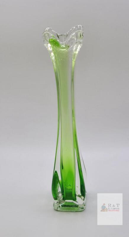 Green and Clear Art Glass Bud Vase, Fluted Ruffled Rim, Square Base