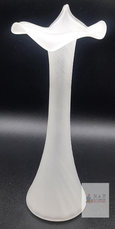 Hand-Blown Frosted White Art Glass Trumpet Vase with Ruffled Edge, 9 Tall