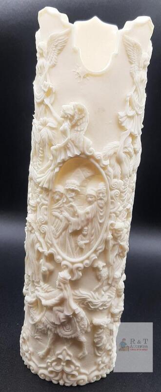 Ornate Faux Ivory Resin Vase Angelic & Religious Motifs, Scalloped Rim, High-Relief Design