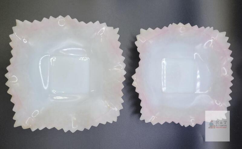 Fenton Diamond Point Milk Glass Bowls Pair, Pink Opalescent Ruffled Edge,
