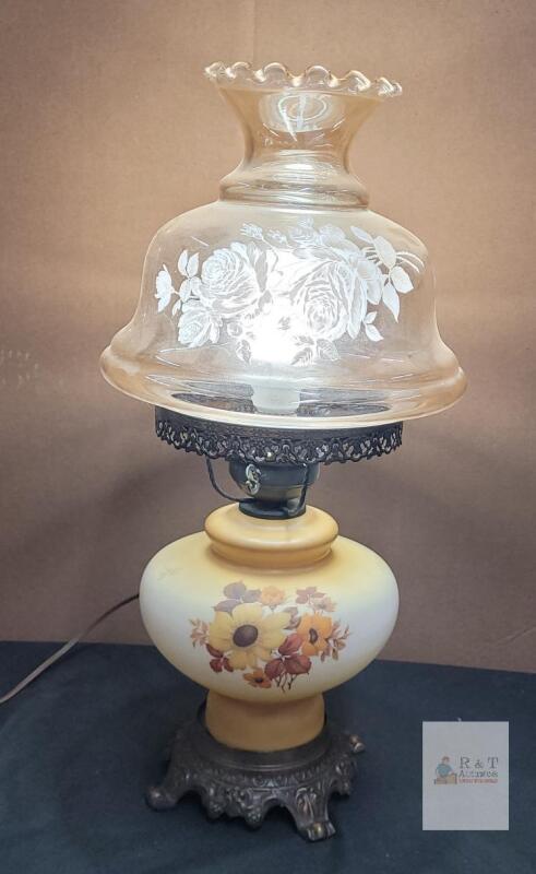Vintage Electric Hurricane Lamp with Hand-Painted Floral Glass and Dual-Light Function