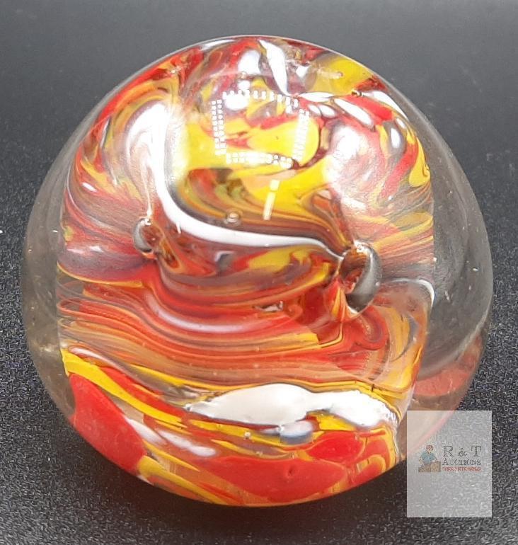Handmade Glass Swirl Marble, Red-Yellow-White Colors, 0.75" Diameter, Early 20th Century