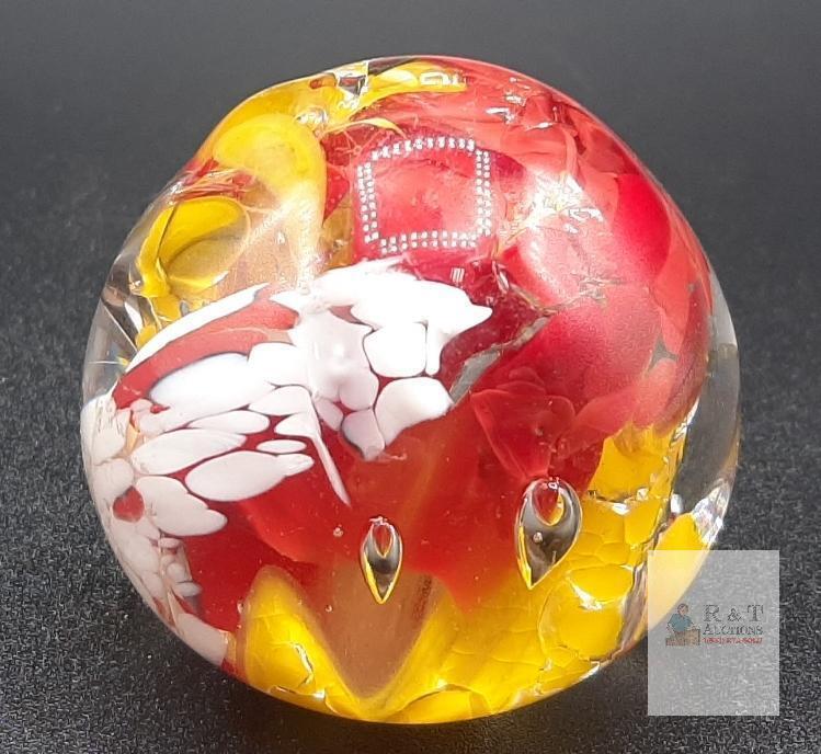Handmade Art Glass Paperweight, Red Yellow White Swirl, Abstract Modern Design