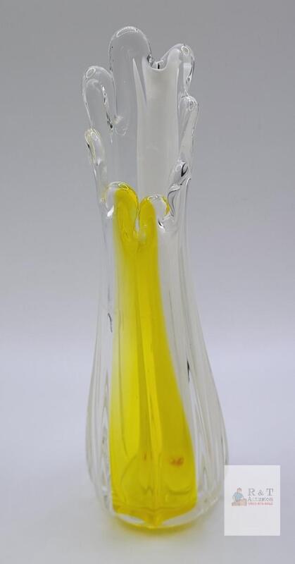 Hand-Blown Art Glass Vase Ruffled Edge Yellow & Clear Swirl