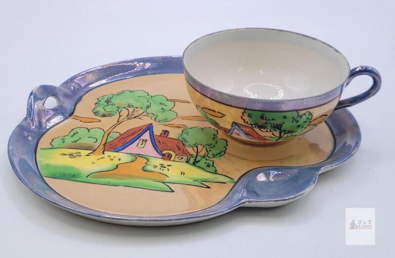 Vintage Hand Painted Japan Porcelain Snack Set, Cottage Scene Lustreware, Cup & Tray, 1920s-40s