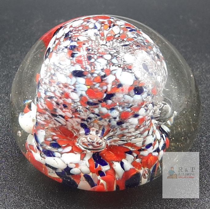 Decorative Glass Paperweight, Multicolor Red White Blue Inclusions, Approx. 3" Diameter