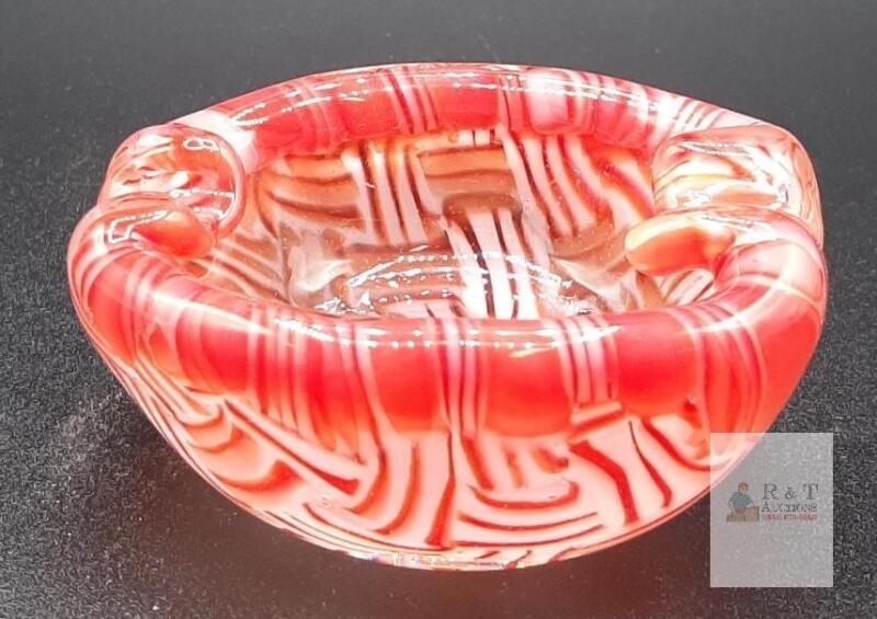 Red White Swirl Murano-Style Art Glass Ashtray, Small Decorative Bowl, 2.75&rdquo; Diameter