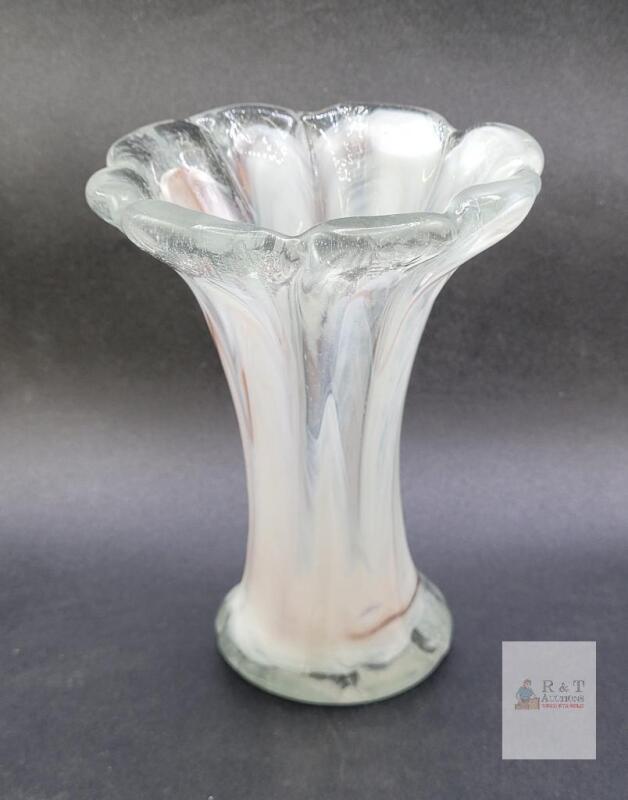 Hand-Blown Art Glass Vase, White Swirl Pattern, Ruffled Rim, Decorative Table Centerpiece