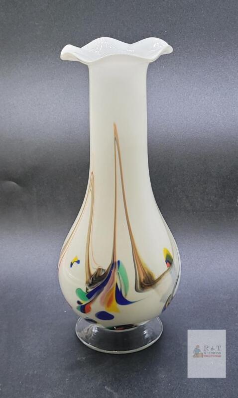 Hand-Blown Art Glass Vase, White with Multicolor Swirl, Ruffled Rim