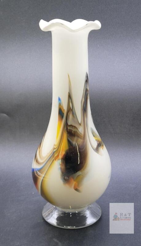 Mid-Century Hand-Blown Art Glass Vase with Ruffled Rim and Multicolor Swirls