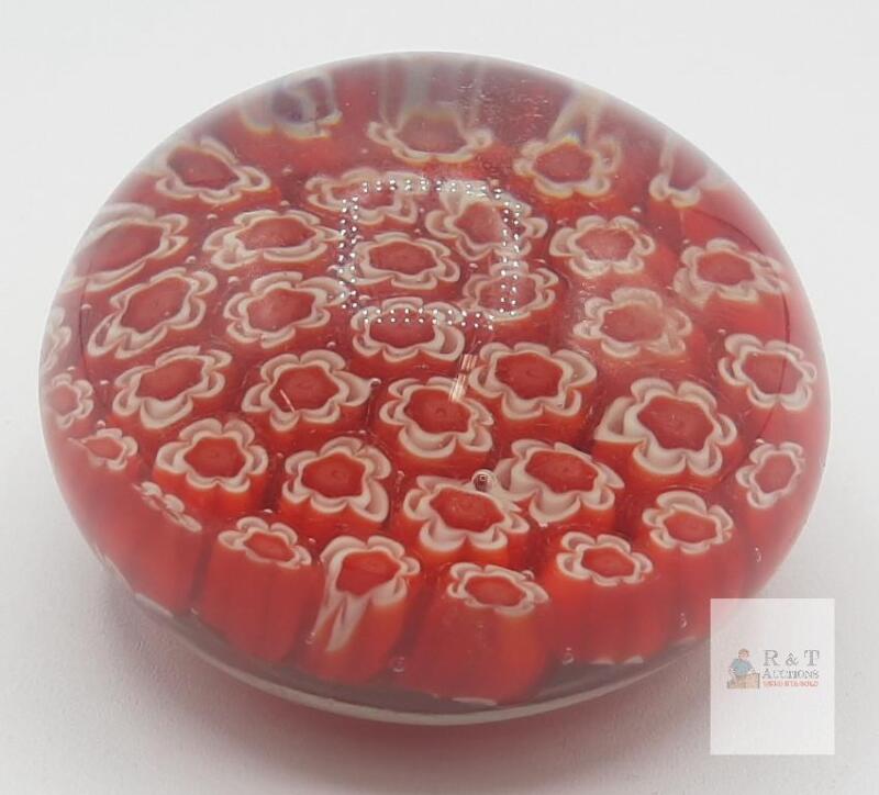 Millefiori Glass Paperweight, Red & White Floral, 2.2" Diameter, "B" Cane Initial, Polished Base