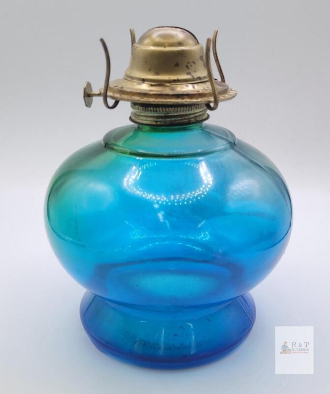 Antique Eagle Oil Lamp &ndash; Cobalt Blue Glass Base, Brass Burner, Circa 1890-1920