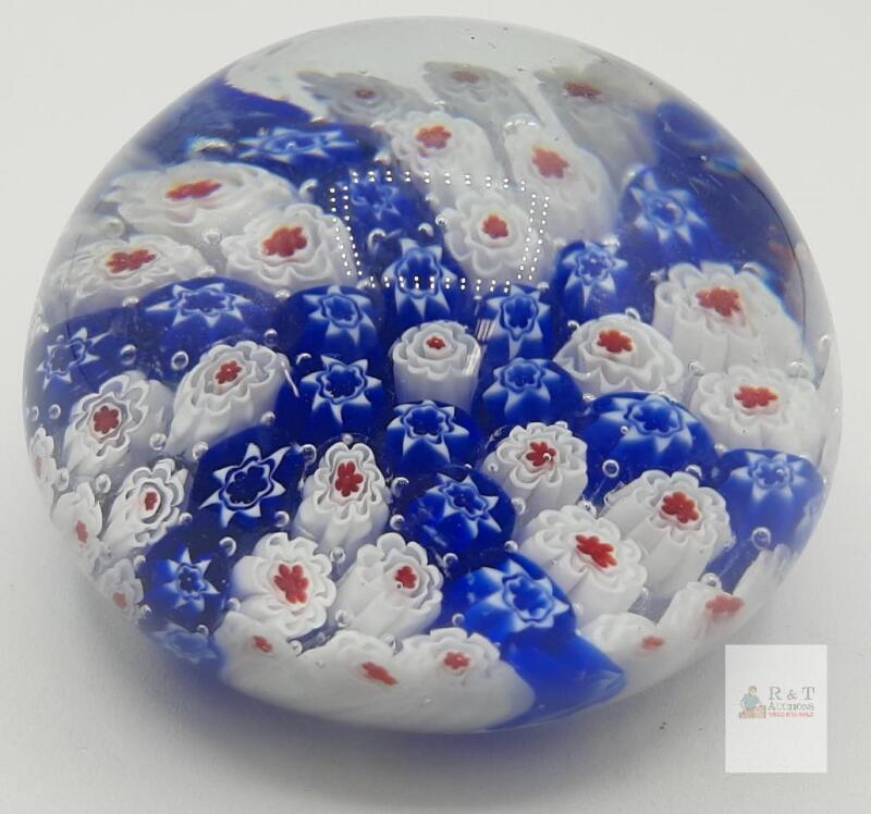 Millefiori Art Glass Paperweight, Blue White Red Floral Starburst