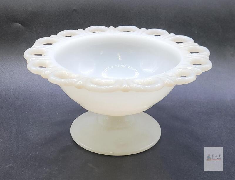 Vintage Milk Glass Pedestal Compote Bowl, 6.5" Lace Edge, White, Mid-Century, USA