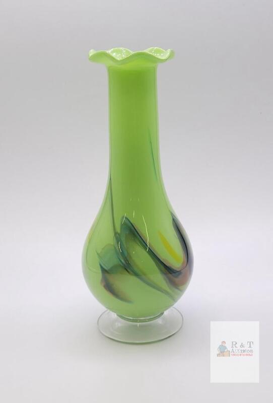Hand-Blown Decorative Glass Vase, Light Green with Blue/Yellow Swirls