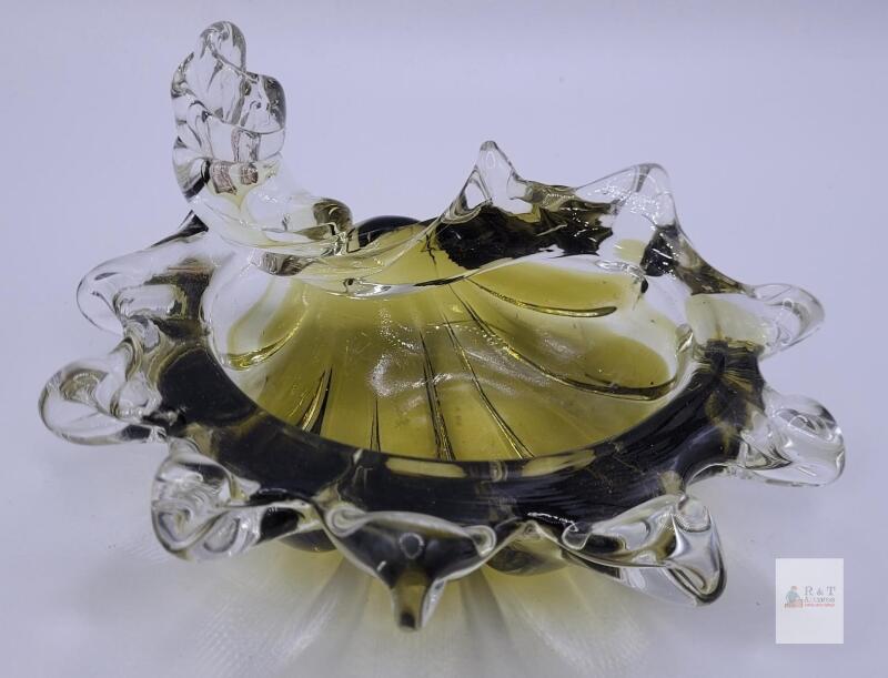 Hand-Blown Murano-Style Glass Bowl Ashtray, Clear/Amber, Freeform, Mid-Century