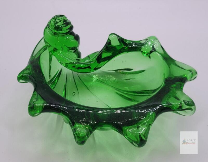 Vintage Green Hand-Blown Art Glass Ashtray, Ruffled Edge,Freeform Design